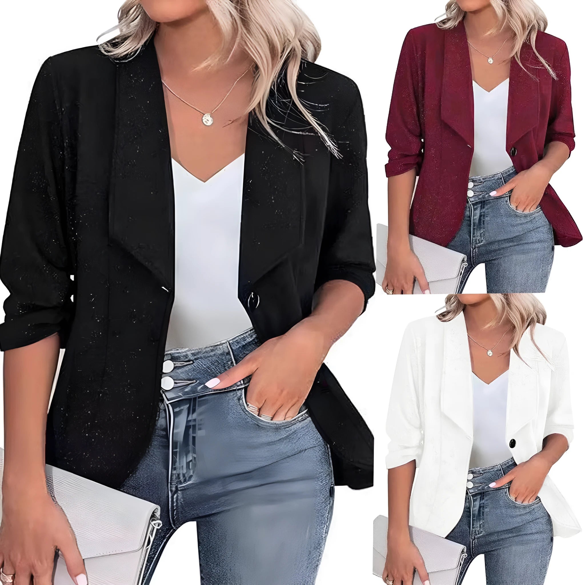 Slim-fitting cardigan jacket on a hanger, shown in black, white, and wine red colour options.