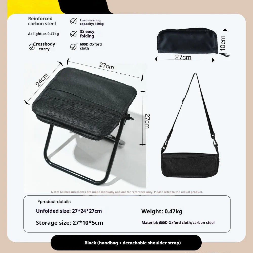 Lightweight foldable camp stool in khaki with an attached crossbody bag, shown in a compact, portable form.