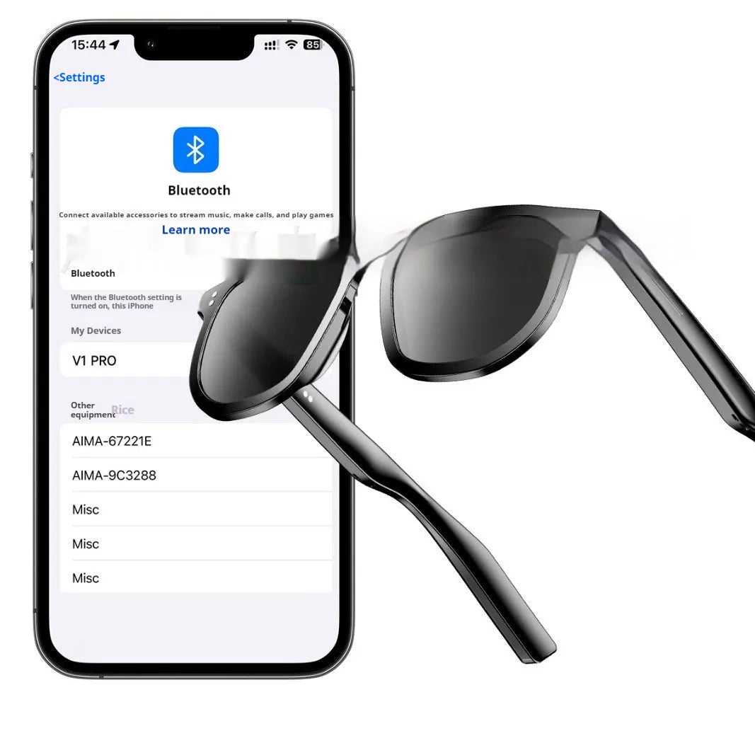 Black AI smart glasses with Bluetooth audio, call functions, and UV protection lenses