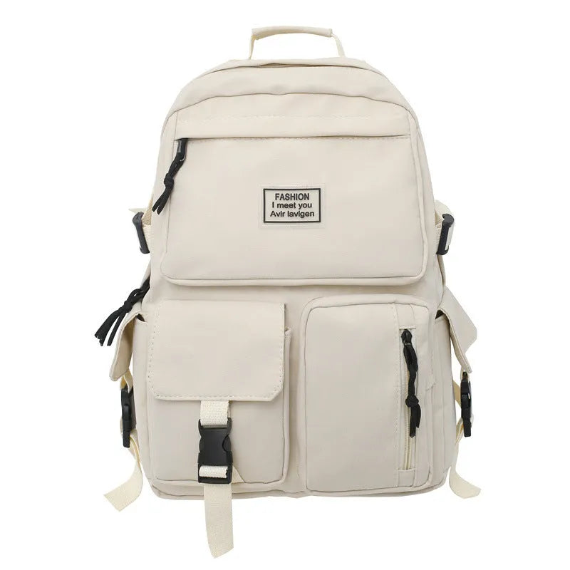 Black and white soft nylon student backpack with laptop compartment and three-dimensional pockets