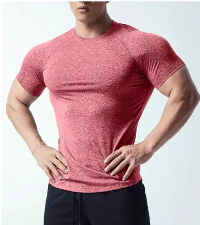 Men's round neck short sleeve t-shirt in black, gray, green, or pink, made from quick-dry stretch fabric.
