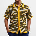 Khaki short sleeve cardigan with thin striped pattern and flocking detail on a hanger