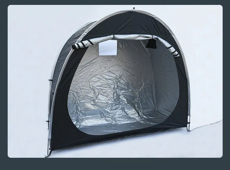 Black outdoor bicycle storage tent showing roof design for 2-3 bike weather protection
