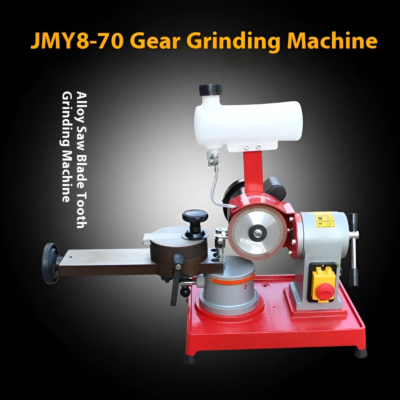 Small manual sharpedge grinding machine for alloy circular saw blades on a workbench.