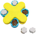 Yellow three-layer rotating dog puzzle feeder with claw-shaped obstacles and anti-slip base