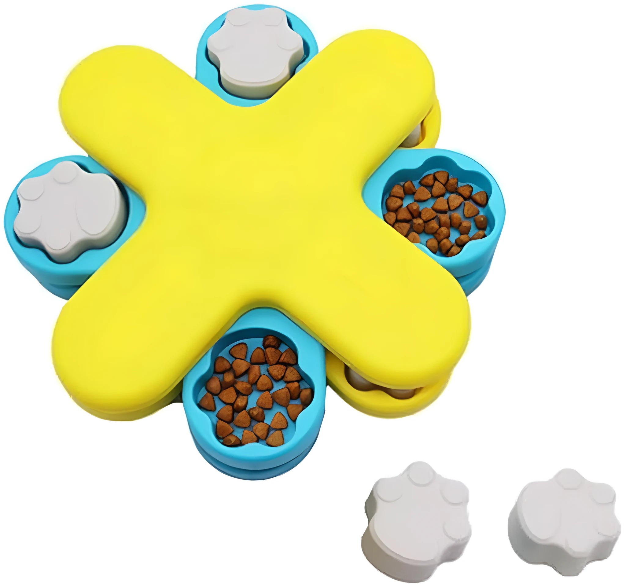 Yellow three-layer rotating dog puzzle feeder with claw-shaped obstacles and anti-slip base