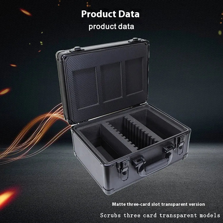 Black aluminium alloy brick card storage box with closed lid and metal frame; compact protective case for cards.