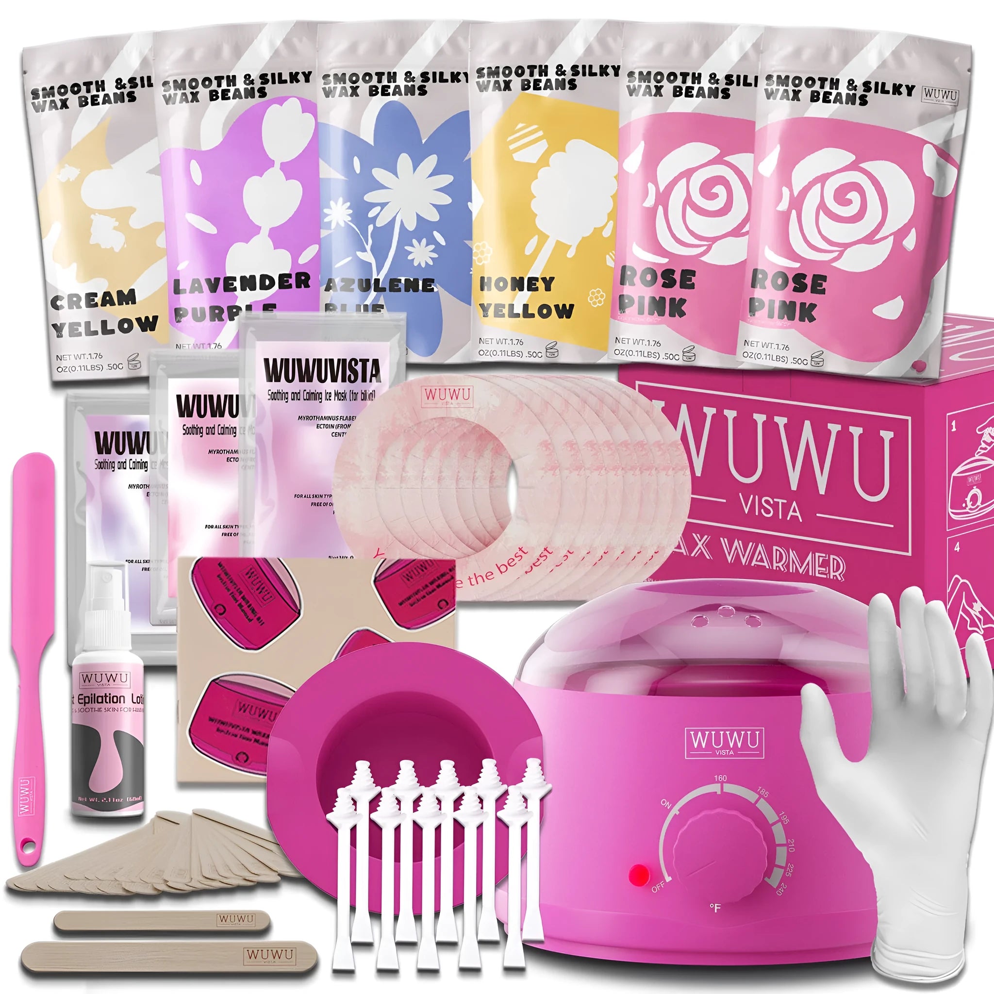 WUWUVISTA 56-piece professional waxing kit with warmer, wax beads, silicone tools, and aftercare products