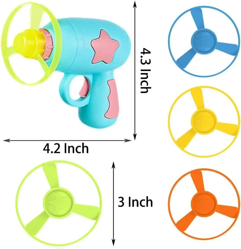 Blue plastic cat toy gun with a mounted orange frisbee, shown on a white background.