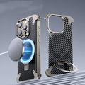Carbon fibre metal phone case for iPhone 15 Pro Max with kickstand bracket and magnetic suction in black matte finish