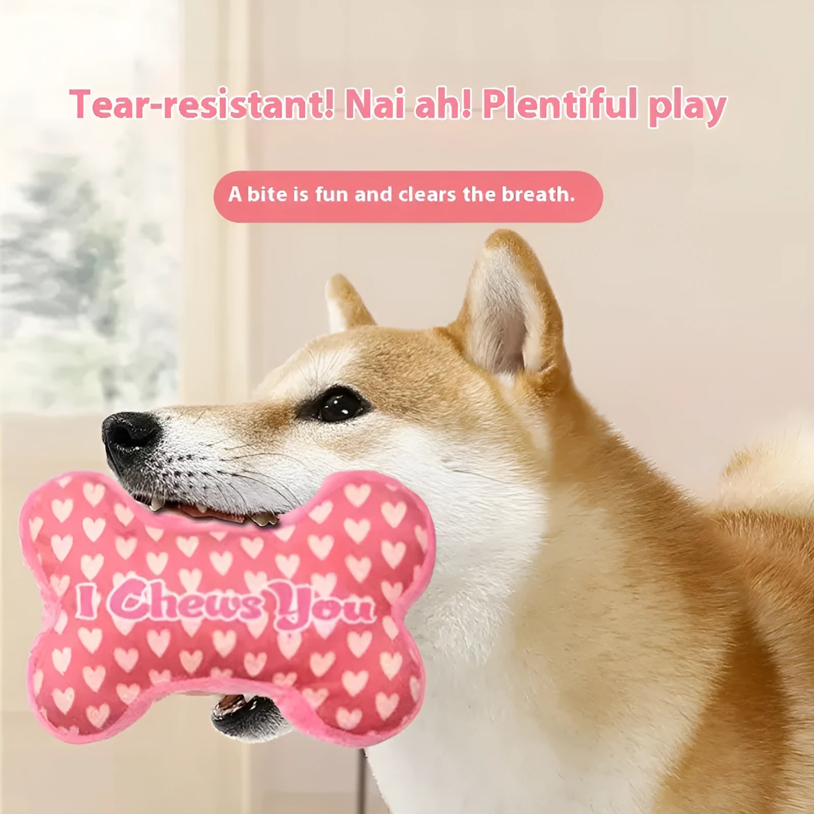 Colour options for a plush dog chew toy with vocalisation and textured molars.