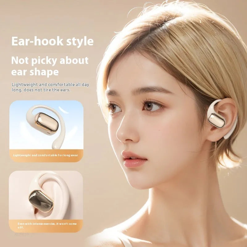 Creative design ear-mounted wireless headphones with a digital display screen on the earpiece.
