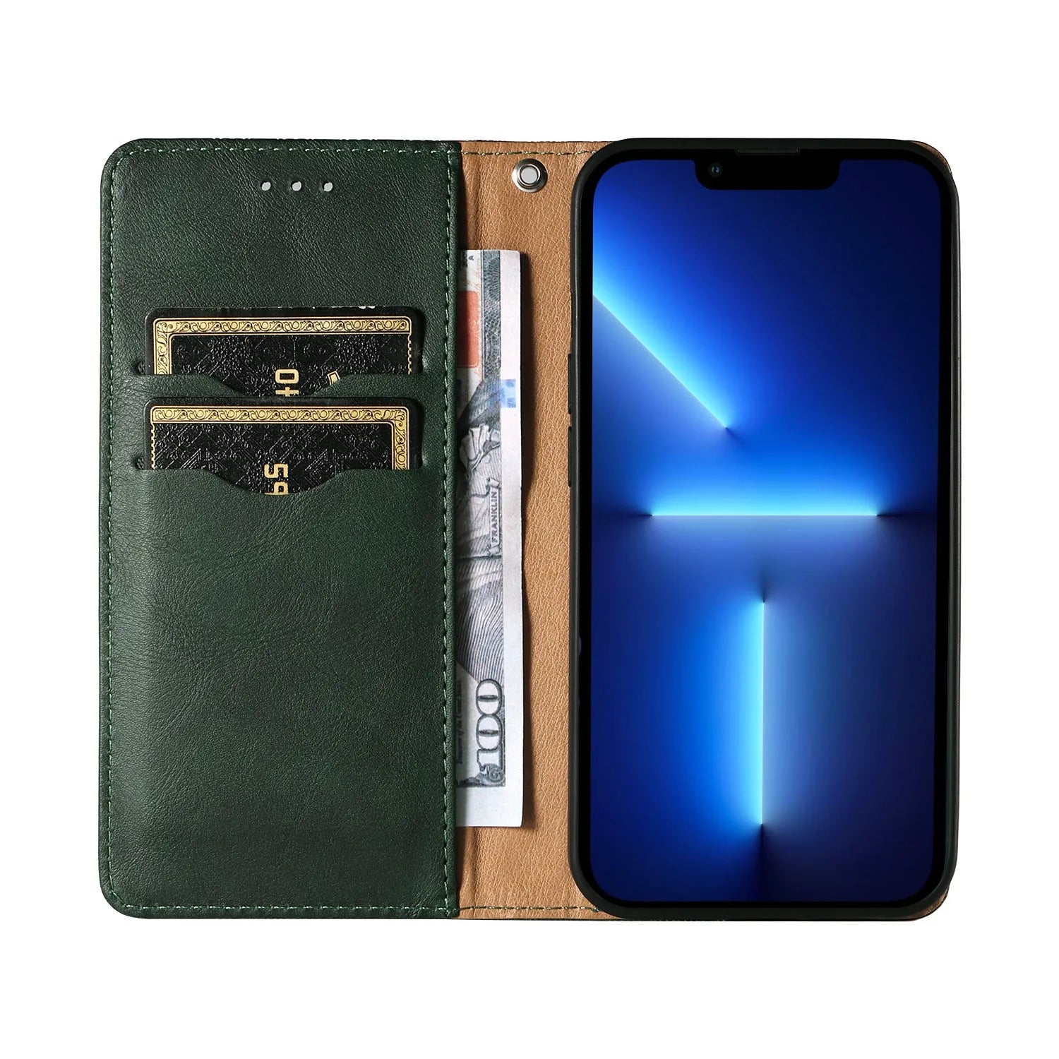Black embossed leather pattern flip case for iPhone shown open, next to brown and blue colour options.