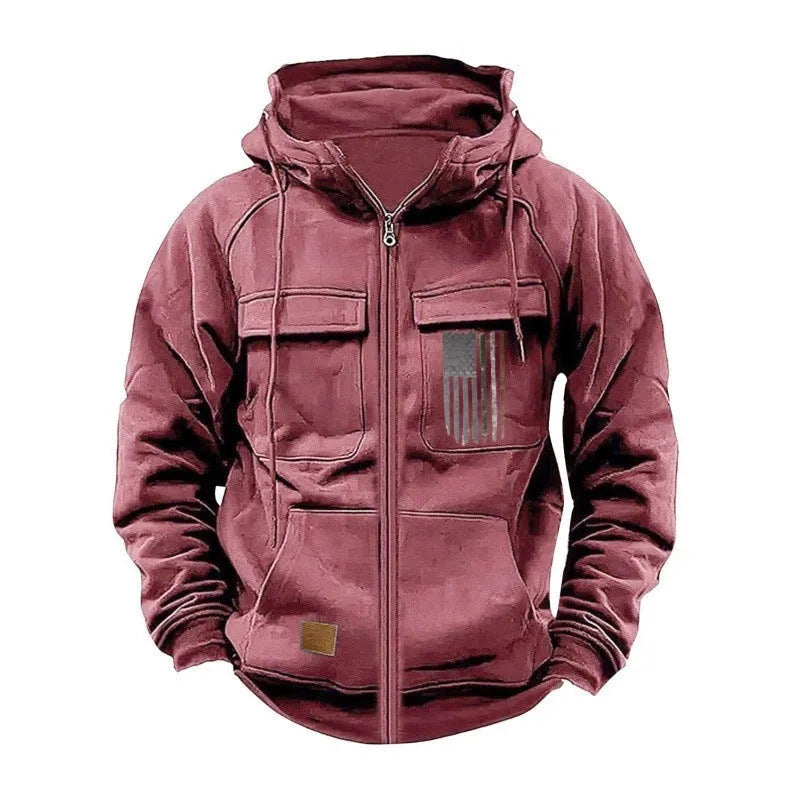 Men's printed loose zip casual hooded sweatshirt in polyester fibre, long sleeve, available in eight colours and sizes S to XXXL