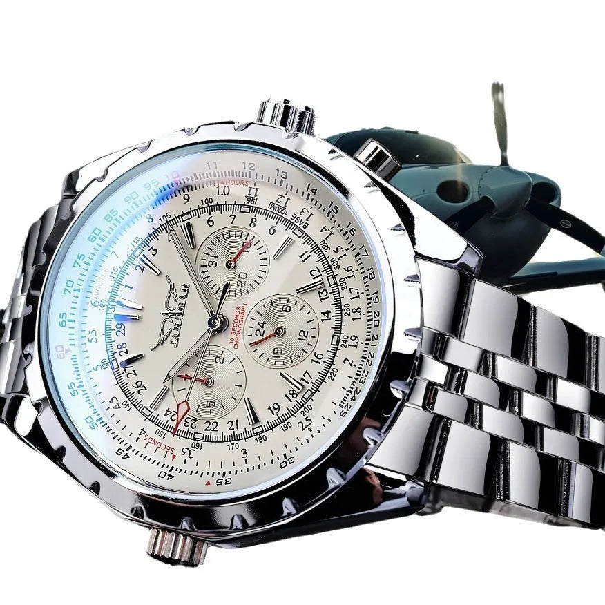 Men's mechanical watch with hollow dial, large face, steel band white face, 16mm thickness