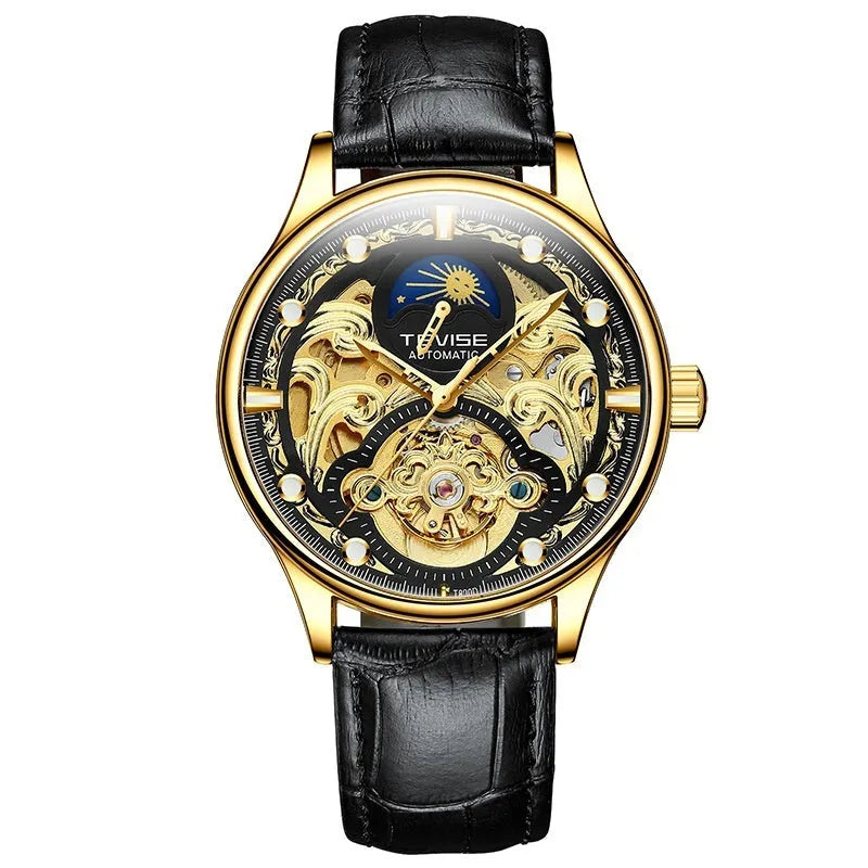 Men's gold and white leather strap automatic waterproof watch with business style.