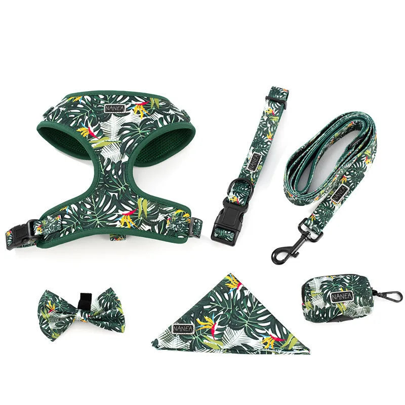 Adjustable cloth dog harness set with haulage rope, collar, waste bag, bow, and triangular scarf in six-piece configuration