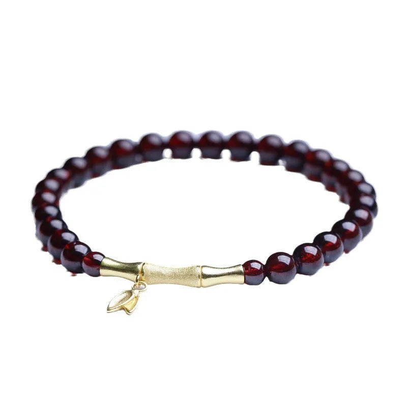 Natural garnet bamboo joint bracelet with 6mm single ring design in copper or silver finish