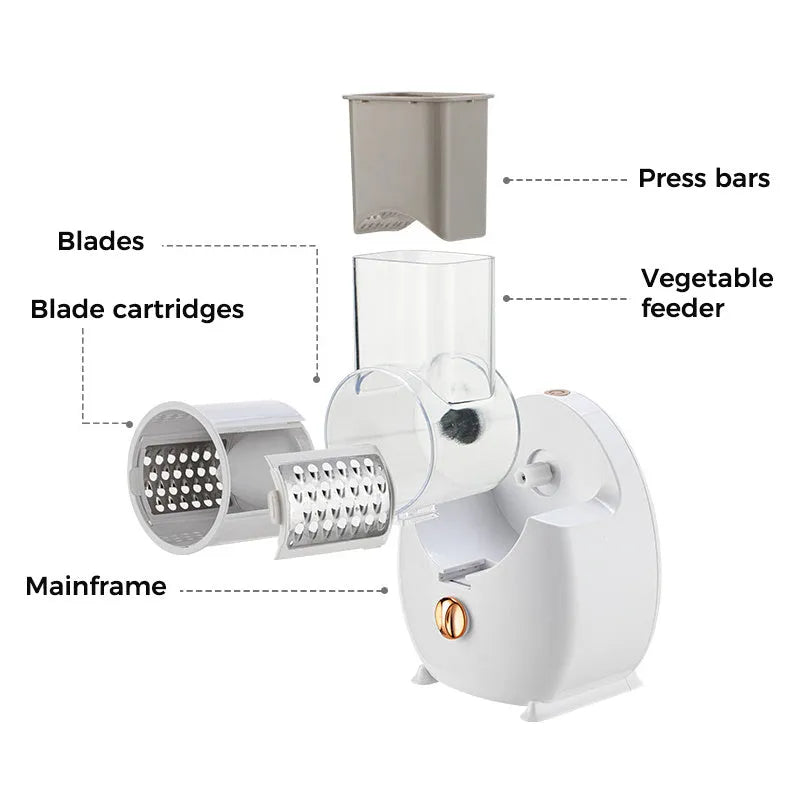 White electric vegetable slicer with rotary grater and suction base for kitchen use
