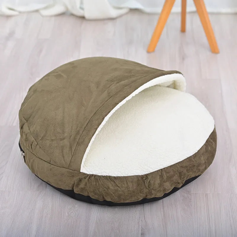 Brown cloth dog kennel pet bed with carry handle for indoor use.