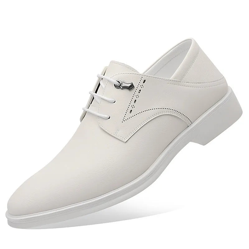 Men's black cow split leather pointed toe dress shoes with rubber sole, low heel, and low-top upper