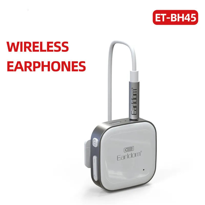 Bluetooth lavalier headset in black, grey, red, or white with 10-metre wireless range.