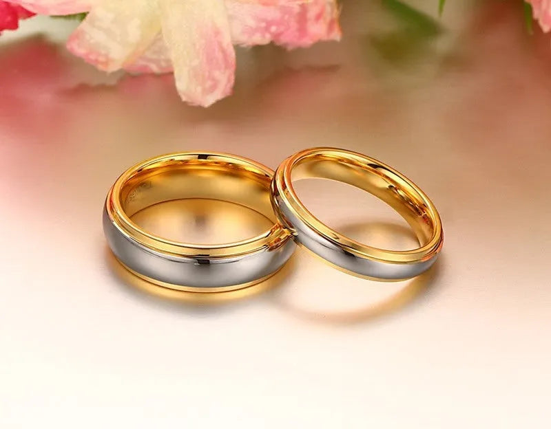 Tungsten steel couple gold ring in male and female styles for engagement or fashion wear