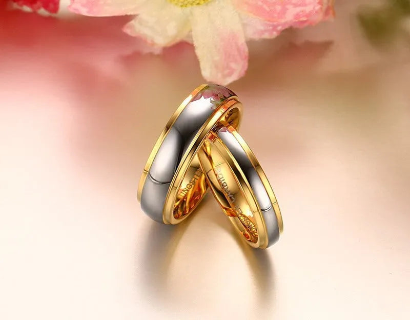 Tungsten steel couple gold ring in male and female styles for engagement or fashion wear