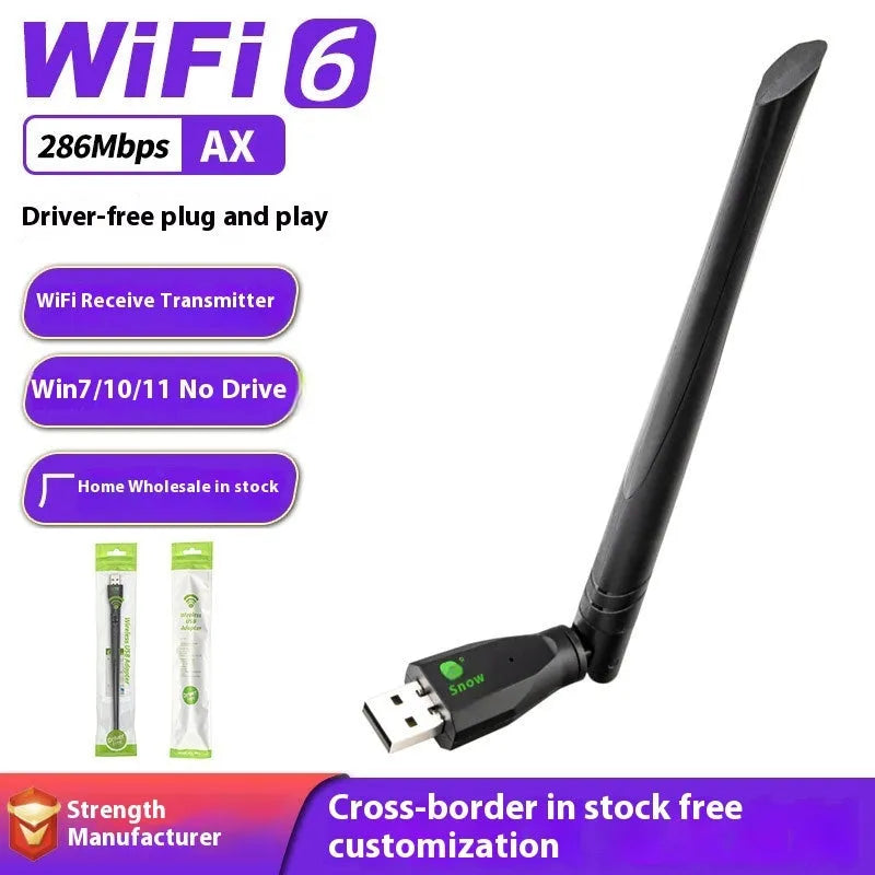 Black USB WiFi6 wireless network card with driver-free installation for desktop and laptop computers