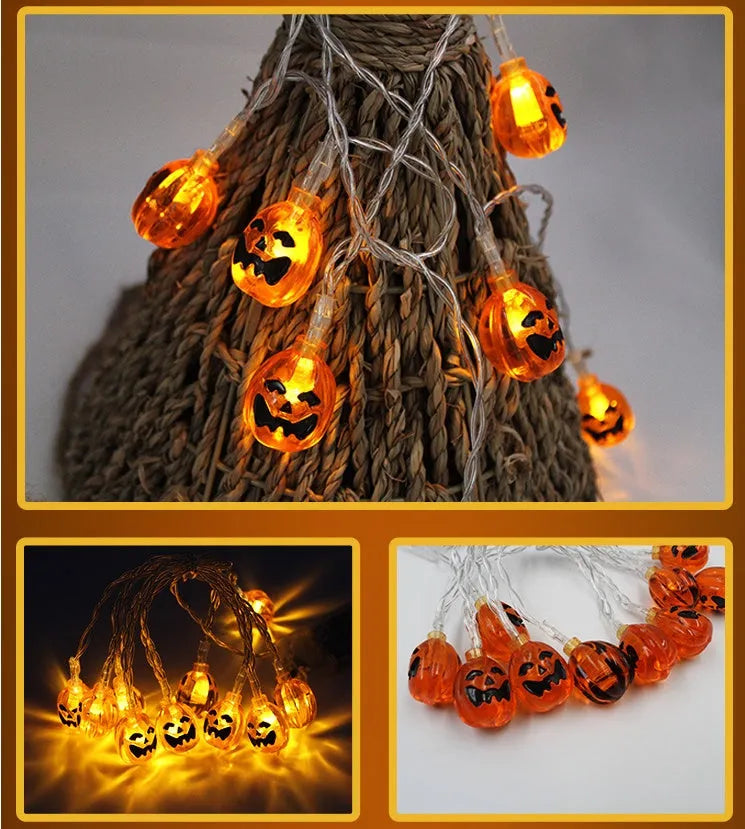 Halloween LED string lights with pumpkin, bat, and ghost pendants on a white wire