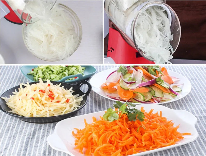 Blue manual round mandoline vegetable and cheese slicer with stainless steel blades.