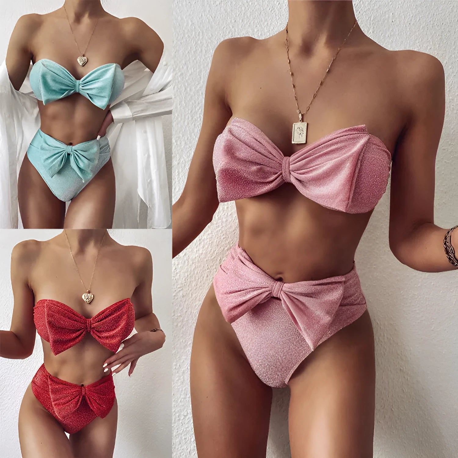 Bright silk split bikini in solid colour with chest pad, available in Green, Pink, Red, sizes S, M, L