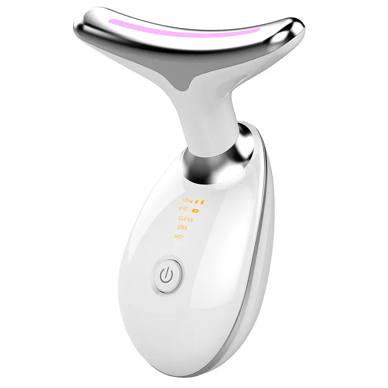 Black silver electric neck massager device with LED lights showing EMS microcurrent and thermal functions