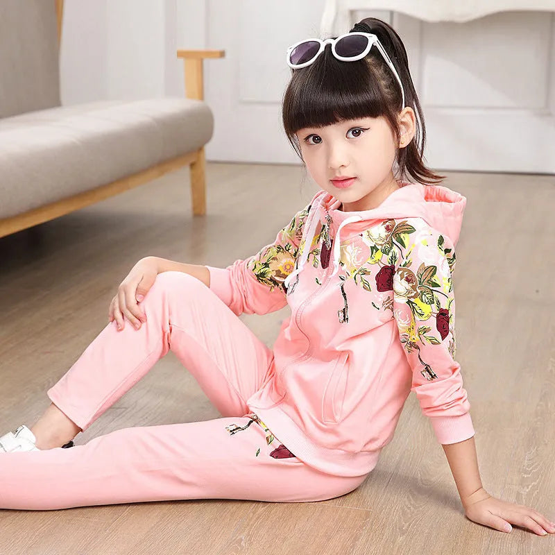 Two sets of boys' hooded tracksuits in pink, red or yellow for spring and autumn.