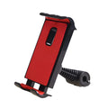Car headrest phone and tablet holder with adjustable 360-degree rotation bracket in black, blue, or red.