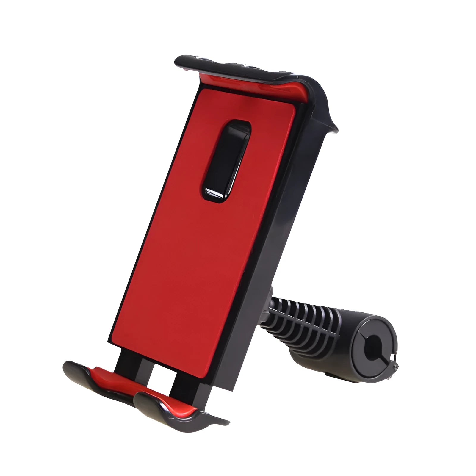 Car headrest phone and tablet holder with adjustable 360-degree rotation bracket in black, blue, or red.