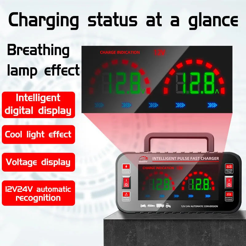 Black full-automatic intelligence battery charger for lead acid motorcycle and car batteries with plug options