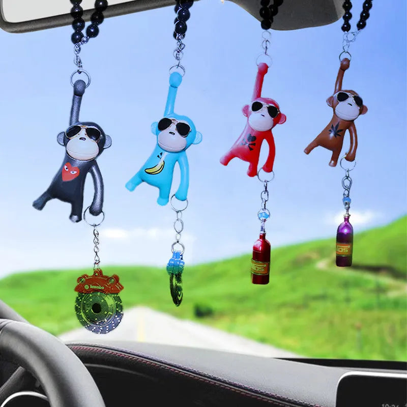 Hip-hop cartoon monkey wearing sunglasses rearview mirror pendant with beaded necklace