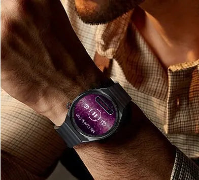 Smartwatch with 1.39-inch touchscreen showing interface, black case with silicone strap on wrist