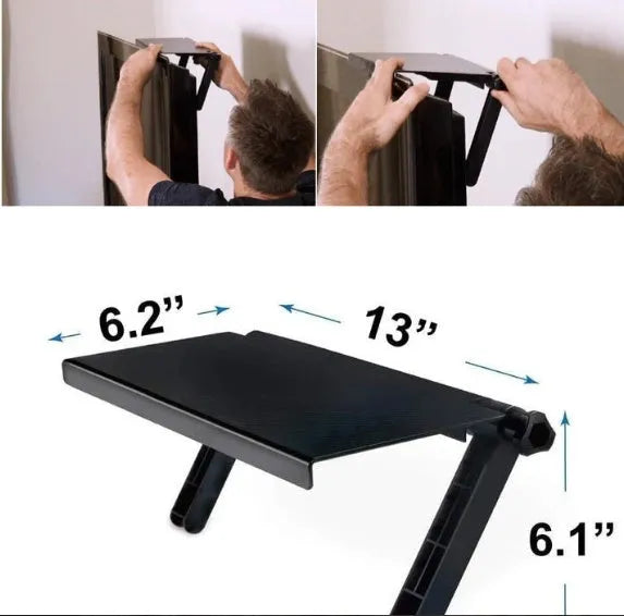 Black adjustable 13-inch screen top shelf for monitor or TV with TV box, router and remote on top.
