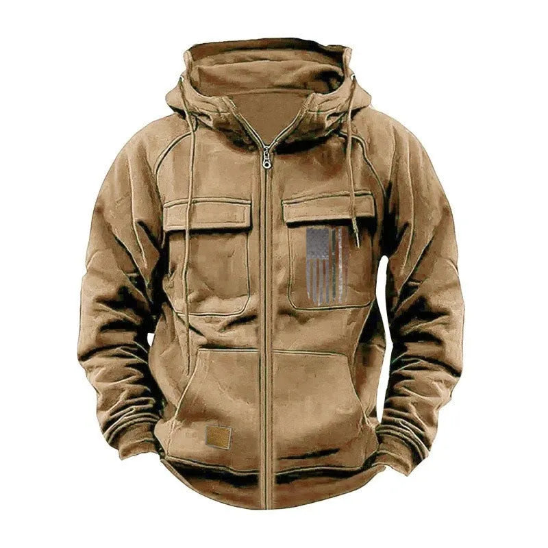 Men's printed loose zip casual hooded sweatshirt in polyester fibre, long sleeve, available in eight colours and sizes S to XXXL