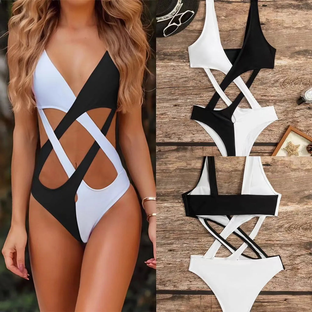 White women's one-piece swimsuit with hollow out colour blocking design.