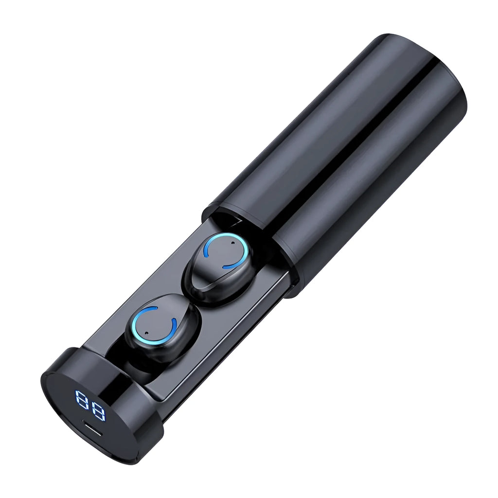 Binaural mini cylindrical Bluetooth headphones in black with charging compartment