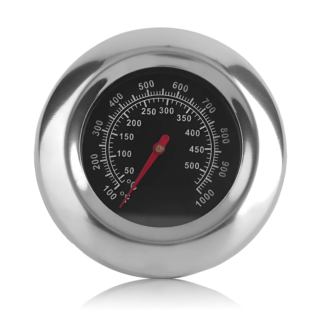 Stainless steel metal thermometer with 76mm round dial and 6x39mm probe on white background