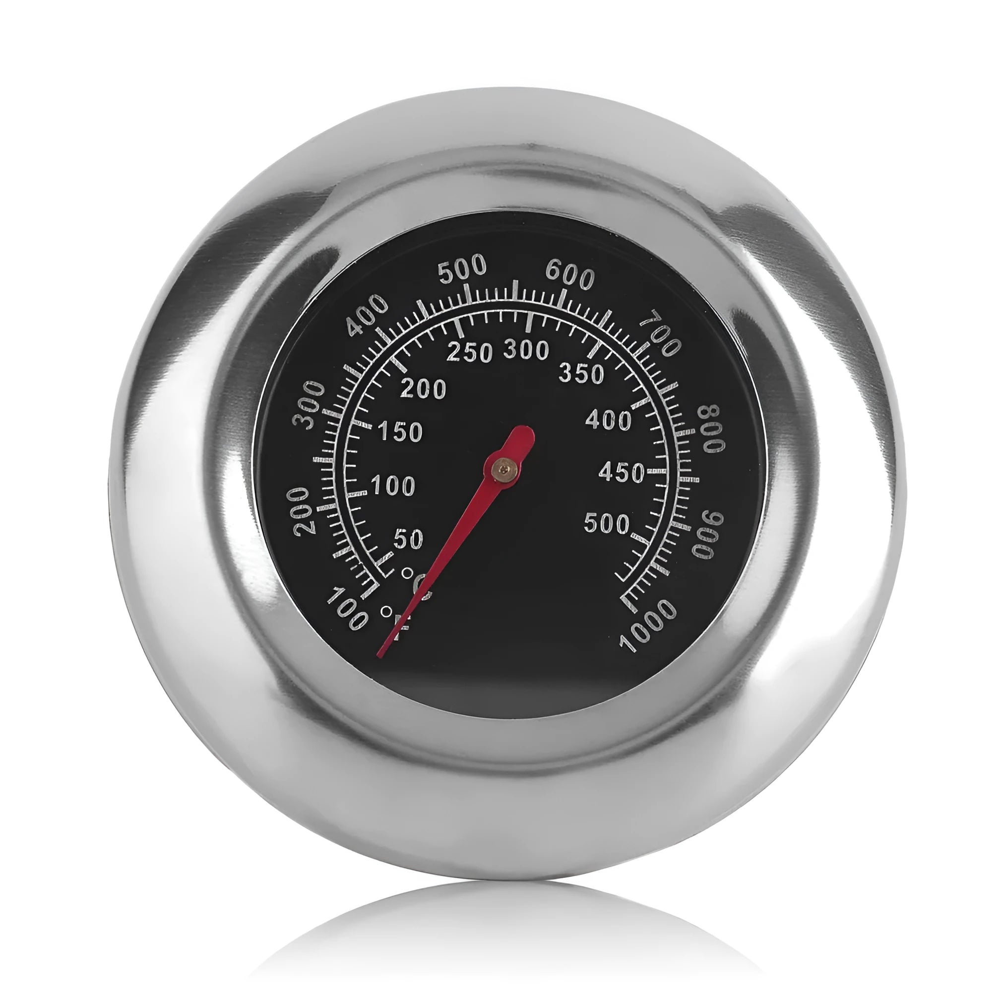 Stainless steel metal thermometer with 76mm round dial and 6x39mm probe on white background