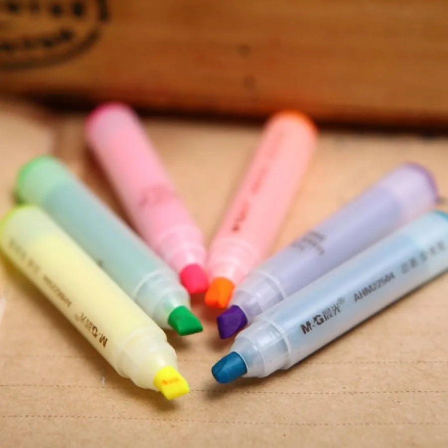 Set of six highlighter pens in different colours showing oblique tip design.