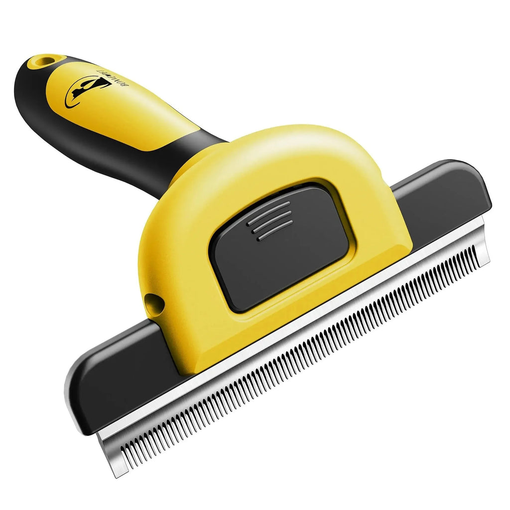 Blue and yellow dog grooming comb with stainless steel blades for pet hair removal and knot untying