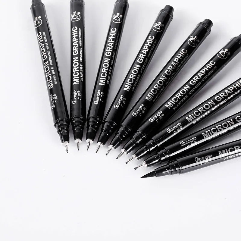 Set of 12 black comic art pens with 9 microtip nib sizes in storage organiser for detailed drawing