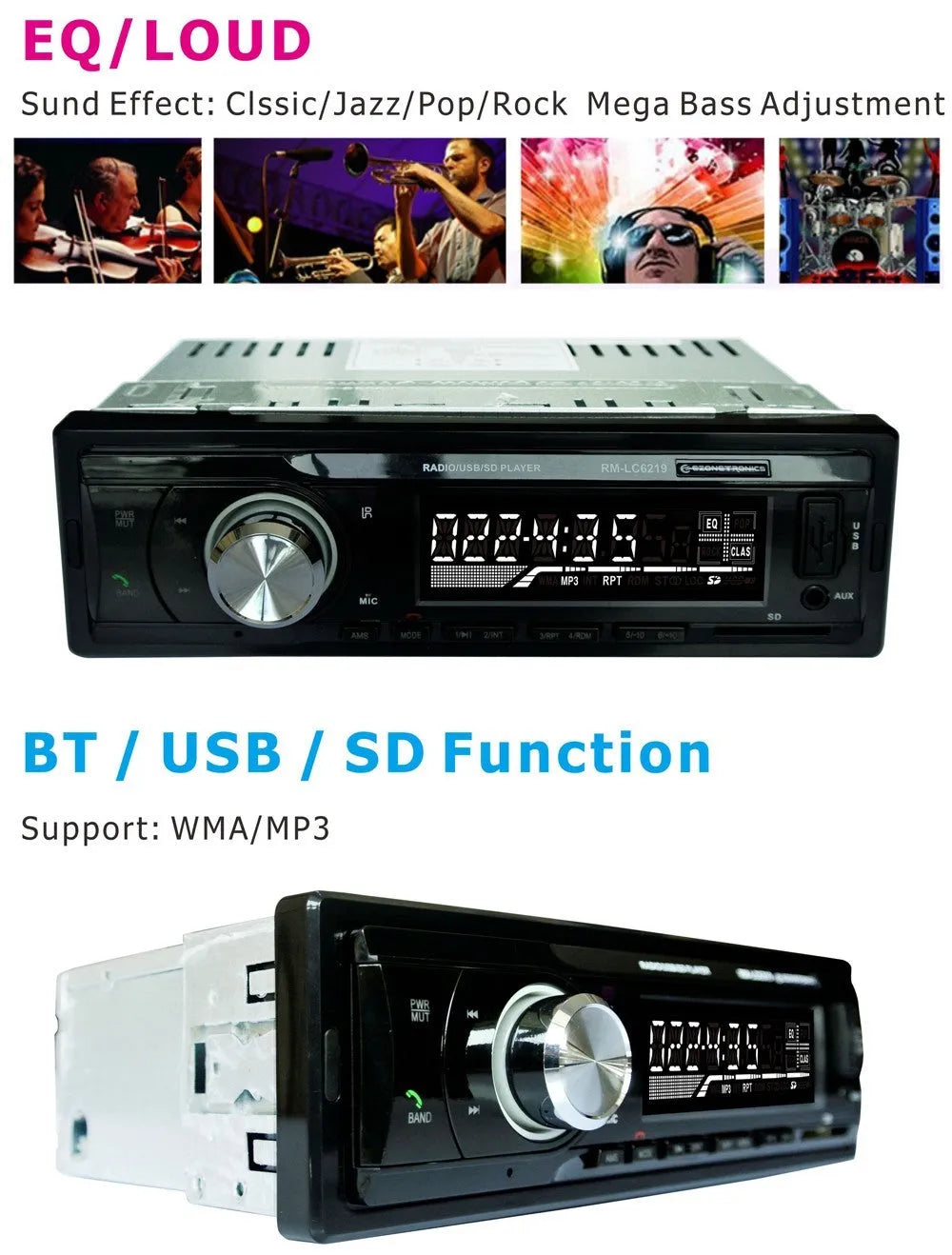 EZONETRONICS car stereo receiver with Bluetooth, USB port, SD slot, and aux input on front panel