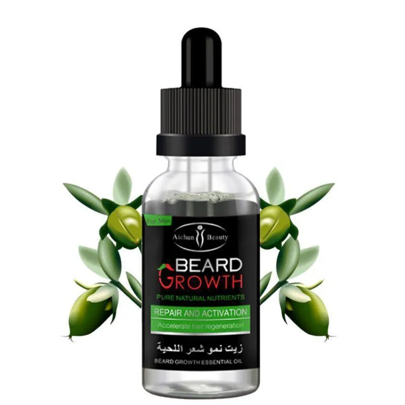 Bottle of natural beard growth essential oil for men, moisturises and conditions facial hair